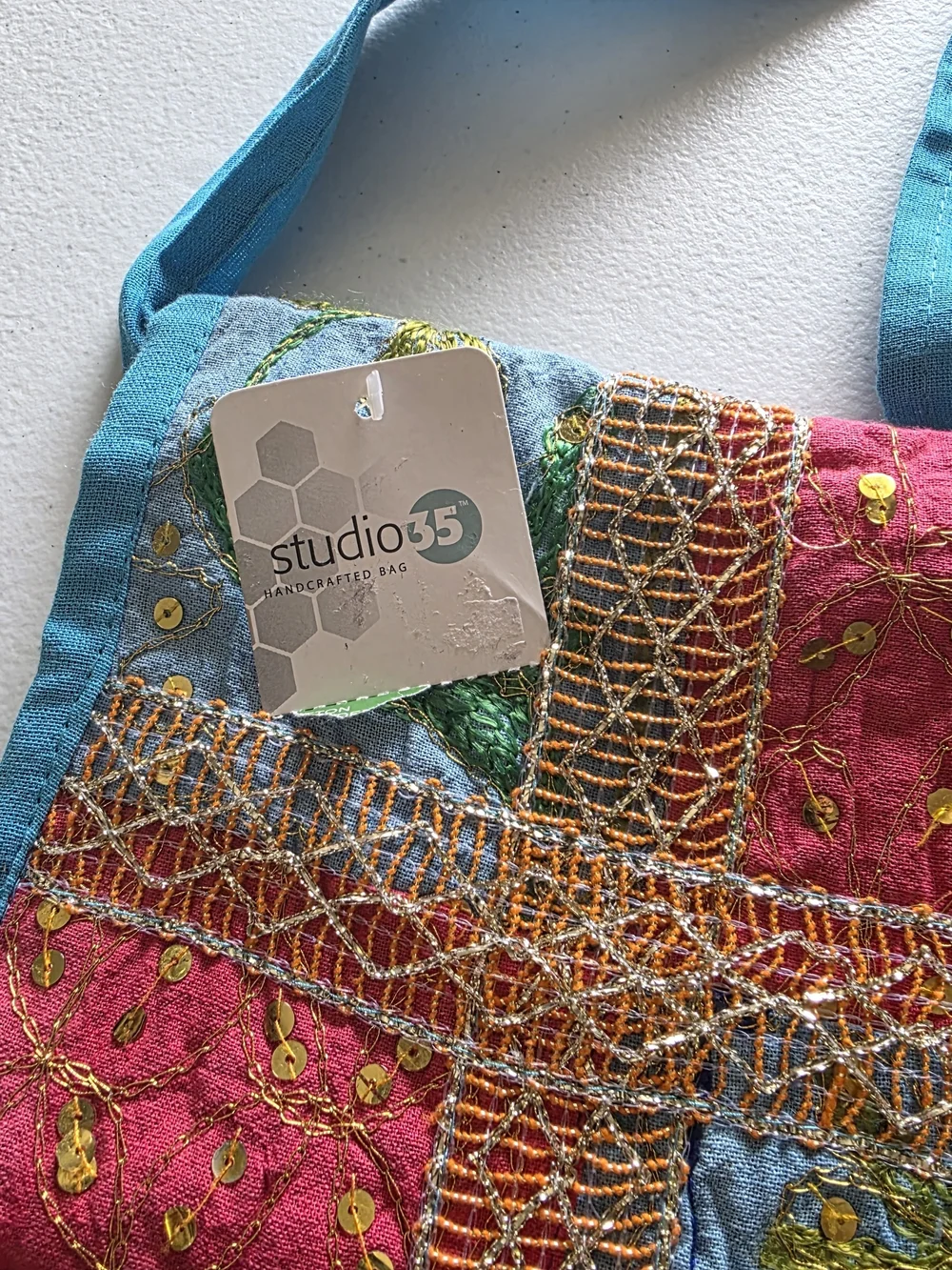 Studio 35 Embroidered Patchwork Shoulder Bag in Turquoise & Multicolor